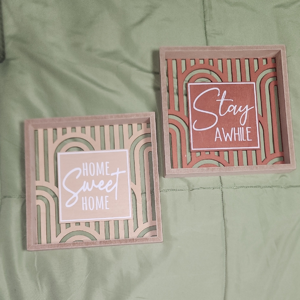 Wooden Wall Art Set, "Home Sweet Home" & "Stay Awhile"